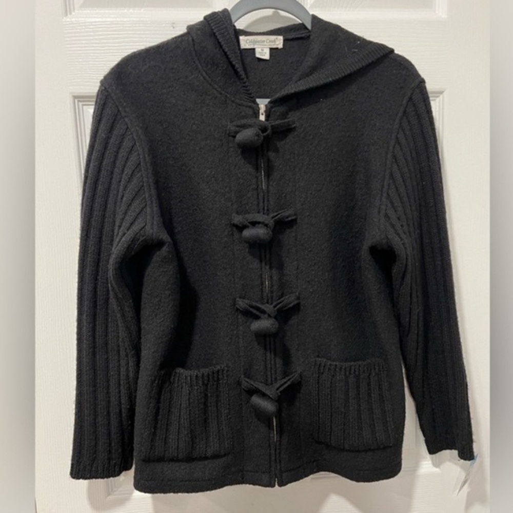Women Medium-100 Wool Hoodie Cardigan Black Zip/Button Front
